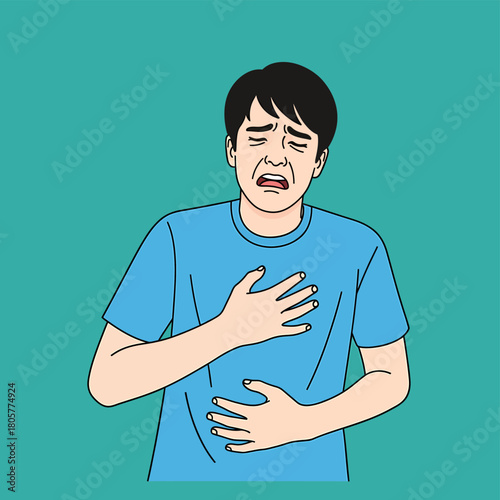 Illustration of Young Man Experiencing Severe Chest Pain, Heartburn, or Indigestion