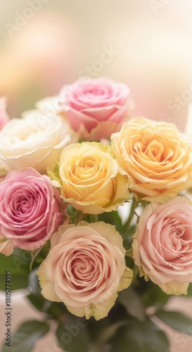 Delicate bouquet featuring multicolored roses bathed in soft, bright light