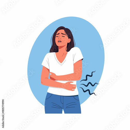 Young Woman Suffering from Severe Stomach Ache, Abdominal Pain, or Menstrual Cramps.
