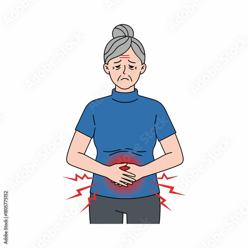 Cartoon illustration of an elderly woman suffering from abdominal pain or stomach cramps