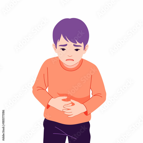 Young Boy Holding Stomach Due to Pain or Illness
