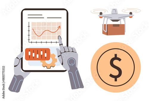 Robotic hands pointing at a tablet with data and graphs, quadcopter carrying a package, and a dollar coin. Ideal for AI, automation, robotics, logistics, e-commerce, finance and tech innovation