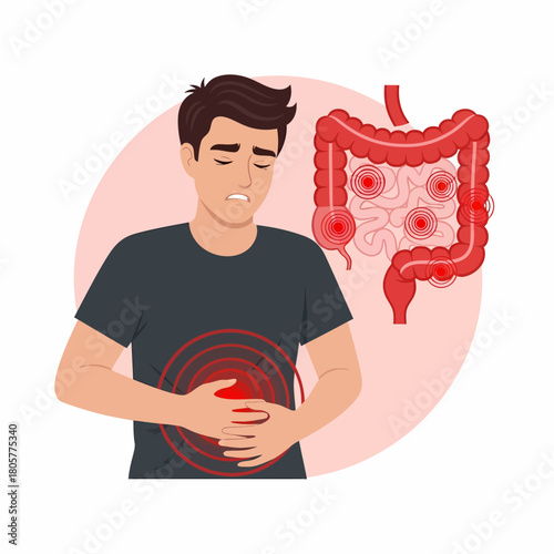 Man suffering from abdominal pain and inflamed colon illustration. Digestive system diseases, IBD, and IBS symptoms concept.