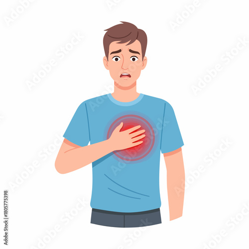 Young Man Experiencing Severe Chest Pain, Heart Attack Symptom, or Heartburn. Health, Medical Condition, and Emergency Concept.