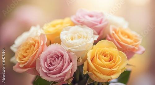 Bouquet of pale colored roses displaying soft petals against a bright background