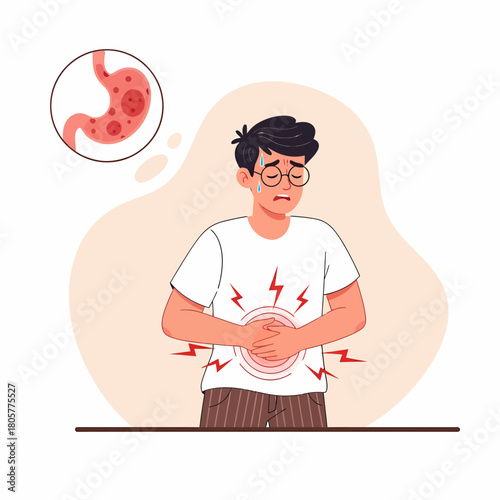 Man Suffering from Severe Stomach Pain or Gastritis. Cartoon Illustration of Abdominal Discomfort, Indigestion, or Ulcer Symptoms with Stomach Organ Diagram.