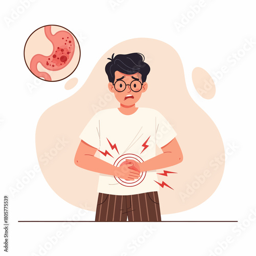 Man suffering from severe stomach pain or gastritis. Digestive health problem, peptic ulcer, heartburn, and acid reflux medical vector illustration.