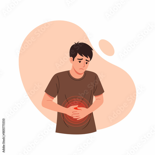 Young man suffering from stomach pain, abdominal cramps, or indigestion. Flat vector illustration of health issue like gastritis, appendicitis, or digestive problems.