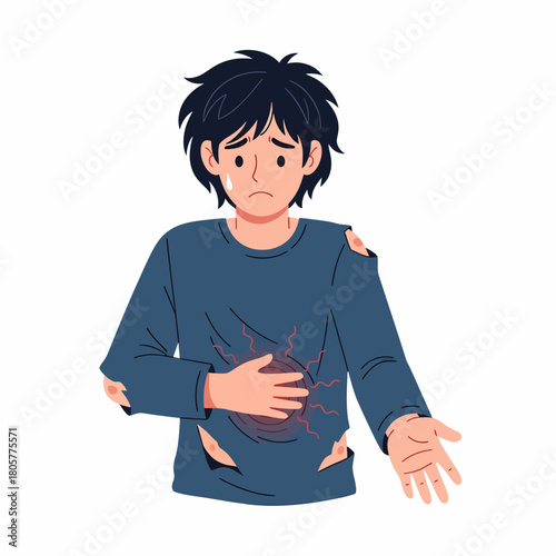 Poor Young Man Suffering from Hunger and Abdominal Pain