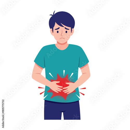 Man Suffering from Severe Stomach Ache or Abdominal Pain. Flat Vector Illustration of a Person Holding His Painful Stomach Due to Digestive Issues or Illness.