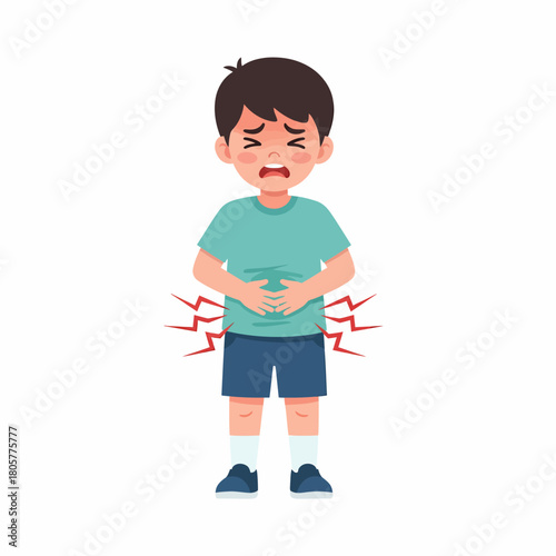 Cartoon Boy with Stomach Pain. Child Suffering from Abdominal Cramps or Upset Stomach. Healthcare Vector Illustration.