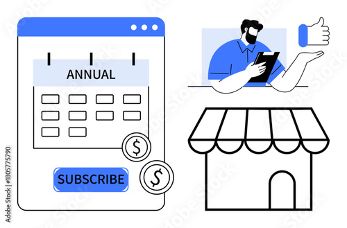 Calendar marked Annual with a subscribe button, coins, user holding tablet, thumbs up gesture, and a storefront. Ideal for e-commerce, subscription models, digital service plans, online payments