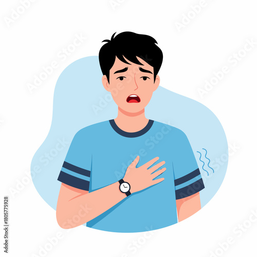 Man suffering from severe chest pain, shortness of breath, or panic attack symptoms, placing hand on chest. Health emergency and respiratory trouble concept.