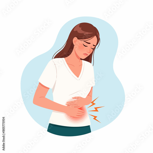 Woman Suffering from Severe Abdominal Pain, Stomach Ache, or Menstrual Cramps