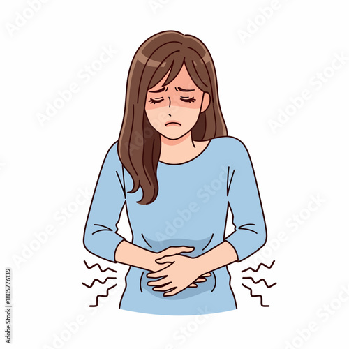 Woman Suffering from Abdominal Pain or Cramps (Illustration)