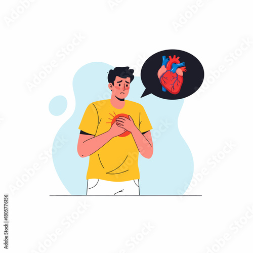 Man Experiencing Chest Pain or Heart Attack Symptoms. Cardiovascular Disease and Cardiac Health Awareness Illustration.