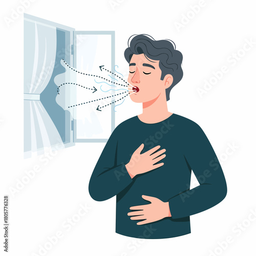 Man practicing deep breathing exercises for stress relief and fresh air ventilation by an open window.
