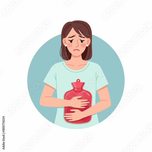 Woman with Stomach Pain Using Hot Water Bottle for Cramps Relief