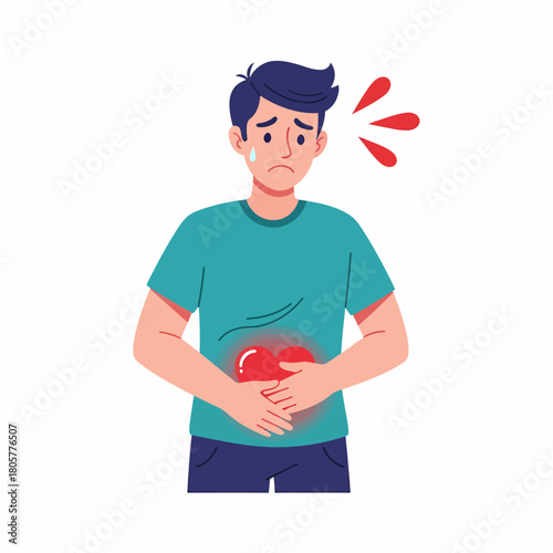Man suffering from stomach pain, heartburn, or abdominal discomfort. Healthcare vector illustration of gastric distress.
