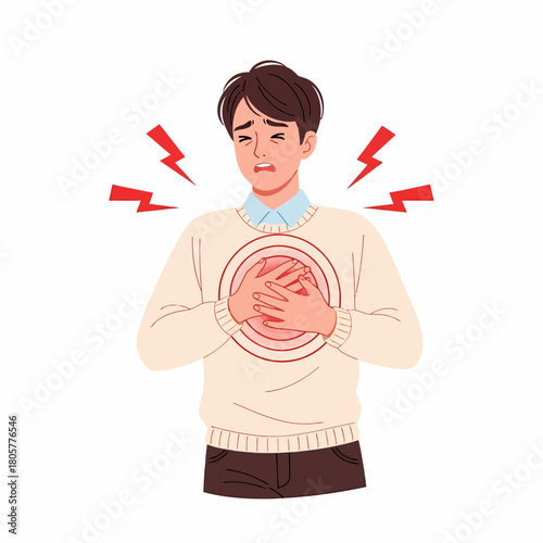 Young man suffering from acute chest pain. Heart attack, cardiac issue, or heartburn symptoms illustrated.