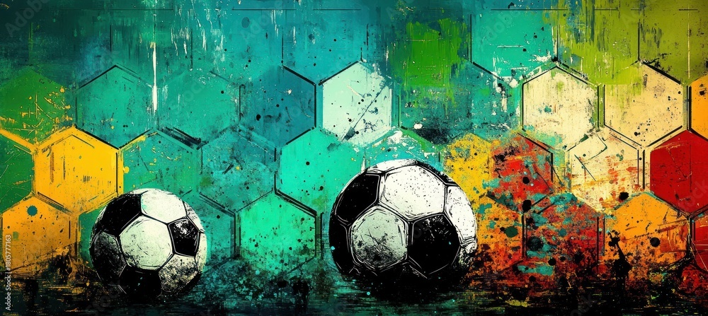 Obraz premium Two worn soccer balls on a vibrant grunge honeycomb background of hexagon tiles, colorful paint splatters and dynamic urban energy