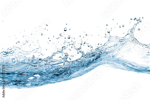 A dynamic splash of clear water captured mid-motion against a white background. the beauty and fluidity of liquid movement. ideal for use in design and advertising