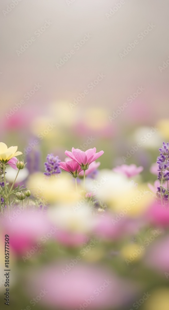 Fototapeta premium Soft focus pastel blossoms fill a vast meadow under bright diffused light