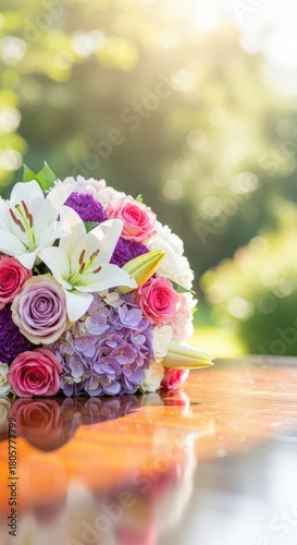 Vibrant floral arrangement rests upon a reflective surface outdoors bathed in sunlight.