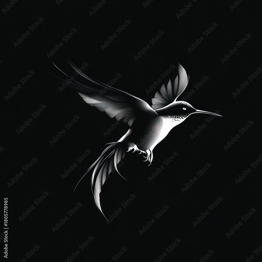 Obraz premium Ethereal monochrome hummingbird in midflight with long flowing tail feathers on a black background, serene and graceful