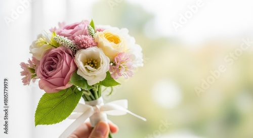 Delicate bouquet of pale roses and small blossoms is gently held against a bright, soft background