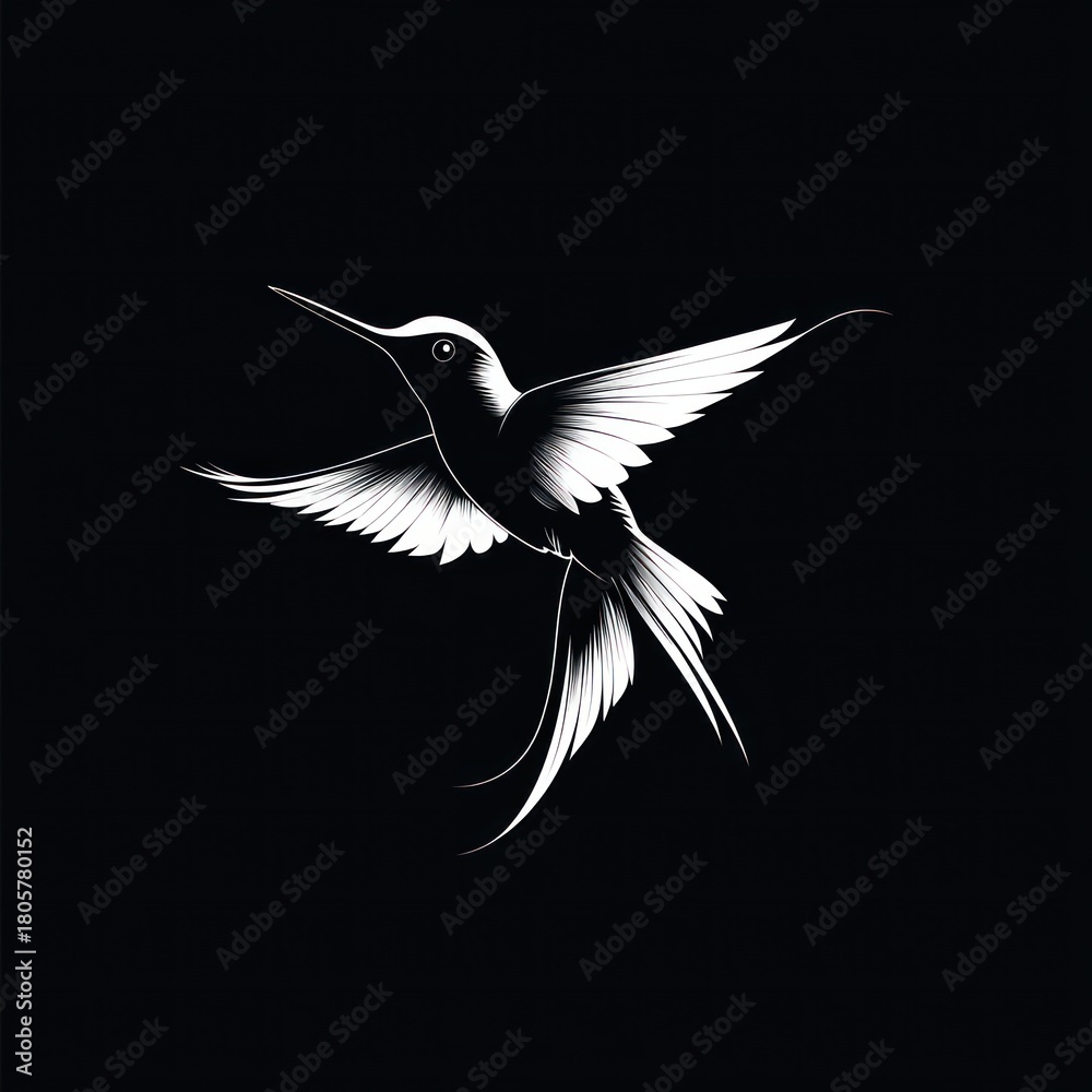 Fototapeta premium Elegant white hummingbird in mid-flight with outstretched wings and flowing tail on a black background, graceful and serene