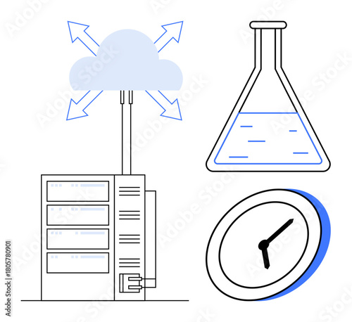 Cloud server with arrows, lab flask with liquid, and clock with hands. Ideal for technology, research, science, data management, productivity innovation and time tracking. Simple flat metaphor