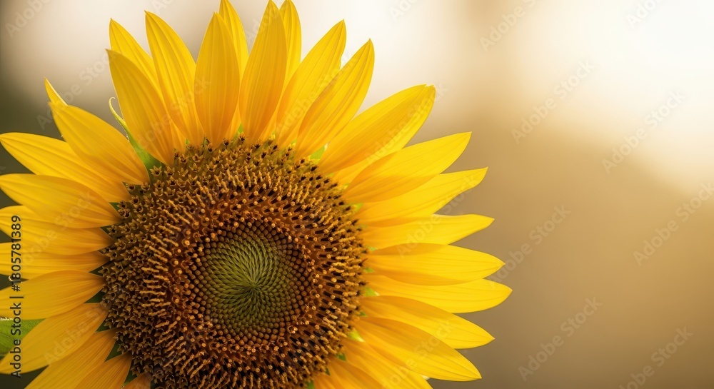 Naklejka premium Bright yellow sunflower blossom faces warm light with ample copy space