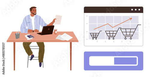 Professional at desk reviewing documents while laptop displays e-commerce cart graph trends. Ideal for business, marketing, e-commerce, strategy, growth, analytics, progress. Simple flat metaphor