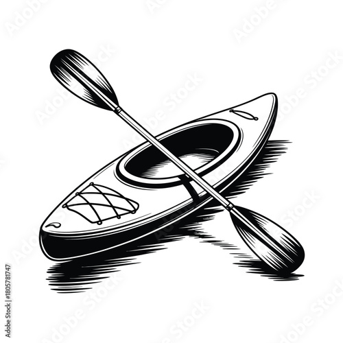Hand drawn sketch of a kayak and paddle on water
