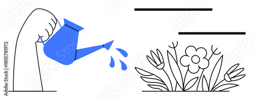 Hand pouring water from a blue watering can nourishes blooming flowers and leaves. Ideal for growth, sustainability, eco-friendly practices, nature care, nurturing, gardening, and environmental