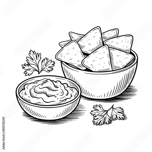 Hand drawn sketch of tortilla chips and dip with garnish