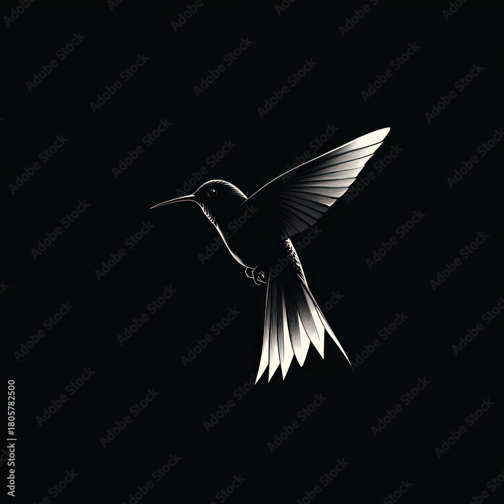 Naklejka premium monochrome hummingbird silhouette with wings spread, hovering in dramatic rim lighting against a deep black background, evoking graceful calm and elegant stillness