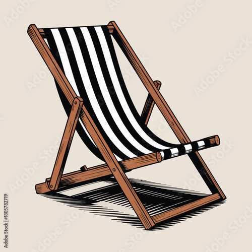 Classic wooden deck chair with black and white stripes