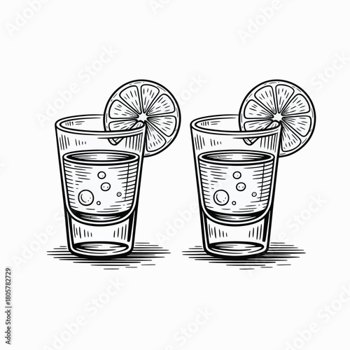 Two refreshing tequila shots with lime wedges in a sketch style
