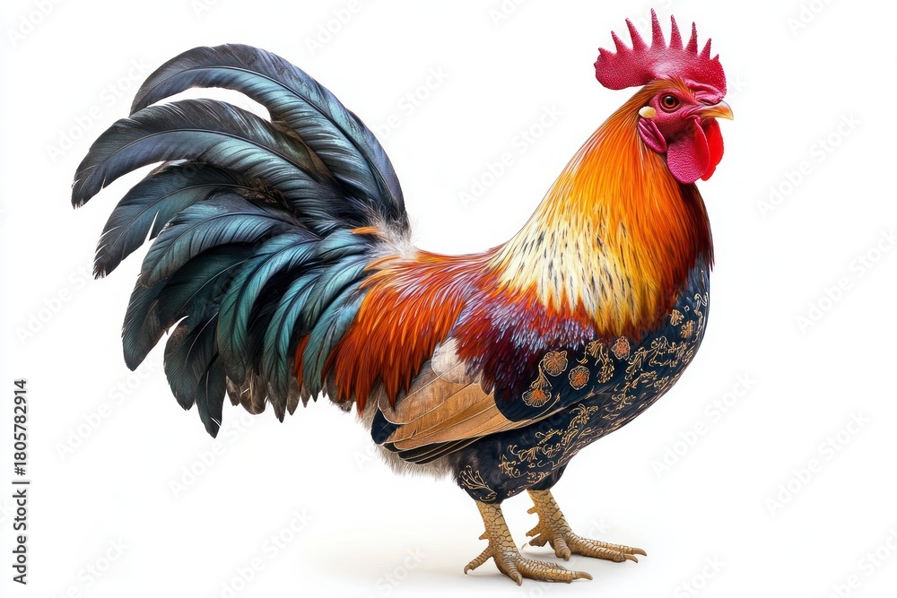 Fototapeta premium majestic proud rooster with vibrant iridescent tail, golden orange neck, red comb and ornate patterned dark body standing on white background