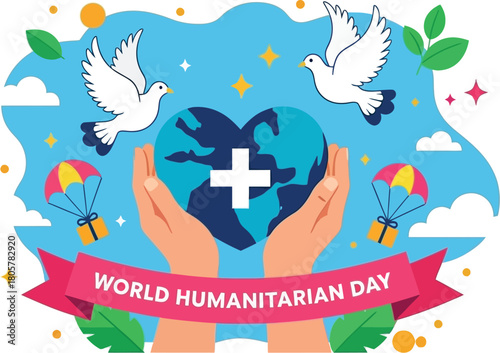 Celebrate World Humanitarian Day with global unity and aid delivery, symbolized by doves and compassionate care for a better world for everyone
