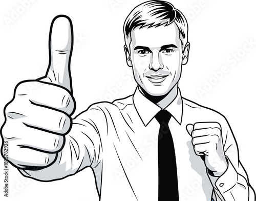 Cheerful businessman giving a thumbs up for success in a dynamic business setting, radiating positivity and confidence on a bright blue backdrop