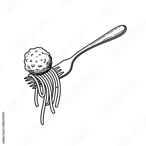 Hand drawn sketch of spaghetti and meatball on a fork