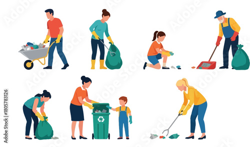 Inspiring community cleanup day featuring diverse people working together to collect trash and recycle for a cleaner environment and sustainable future today