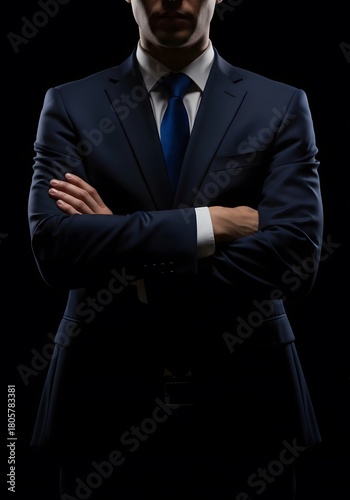 Confident Businessman with Folded Arms in Blue Suit Dramatic Low Key Corporate Portrait