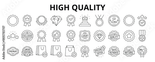 30 High Quality Line Icons Vector - Diamond, Top Tier, Gold Medal, Platinum Seal, Best Choice, Certified Badge, Premium Tag