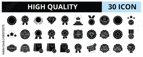 30 High Quality Glyph Icons Vector - Diamond, Top Tier, Gold Medal, Platinum Seal, Best Choice, Certified Badge, Premium Tag