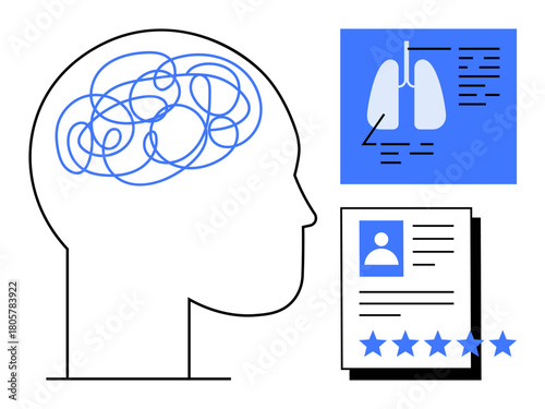 Brain illustration with tangled lines, lung x-ray chart, and profile review with a star rating. Ideal for health diagnostics, mental health, medical research, decision-making, evaluations