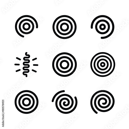 Collection of black and white spiral and wave icons